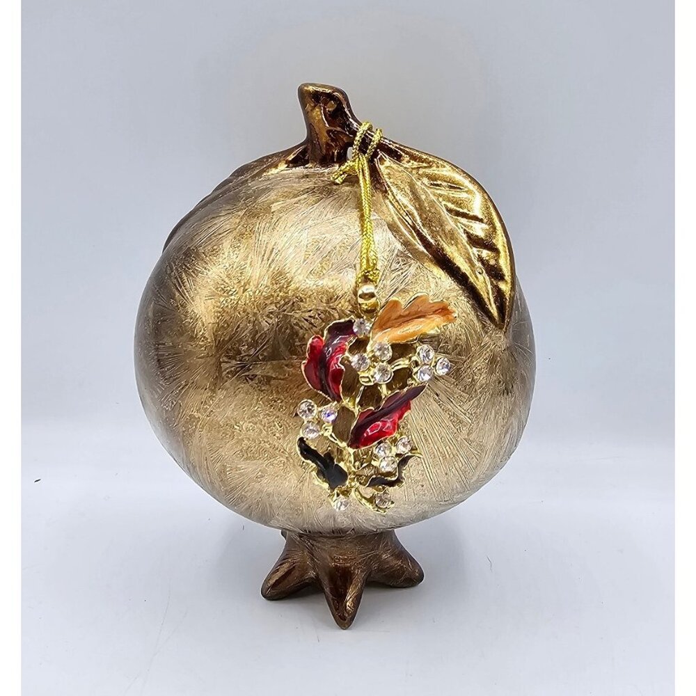 Bronze Ceramic Pomegrante Footed Enamel Rhinestone Brooch Attach Figurine Decor